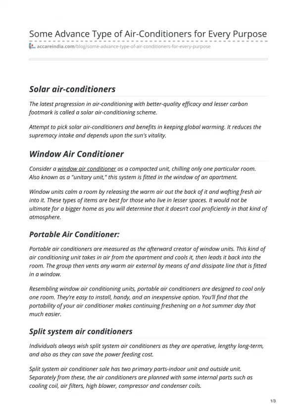 Some Advance Type of Air-Conditioners for Every Purpose