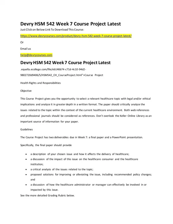 Devry HSM 542 Week 7 Course Project Latest