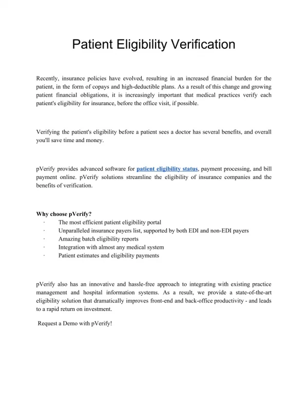 Patient Eligibility Verification - PVerify Inc.