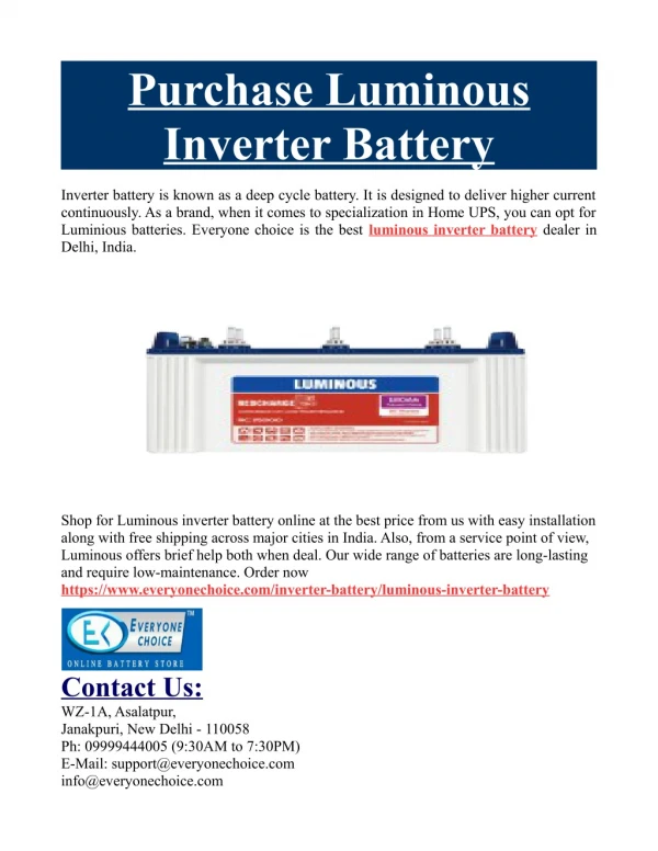 Purchase Luminous Inverter Battery