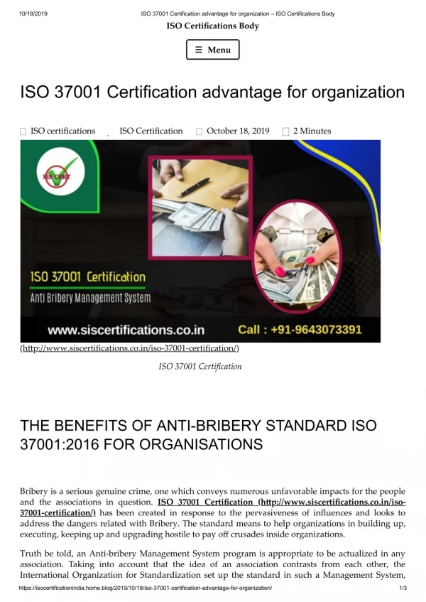 BENEFITS OF ANTI-BRIBERY STANDARD ISO 37001 Certification FOR ORGANISATIONS