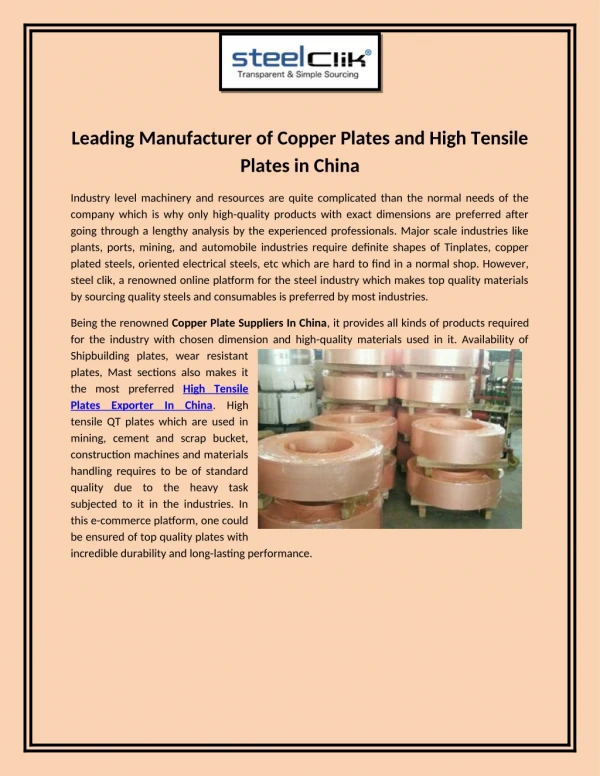Leading Manufacturer of Copper Plates and High Tensile Plates in China