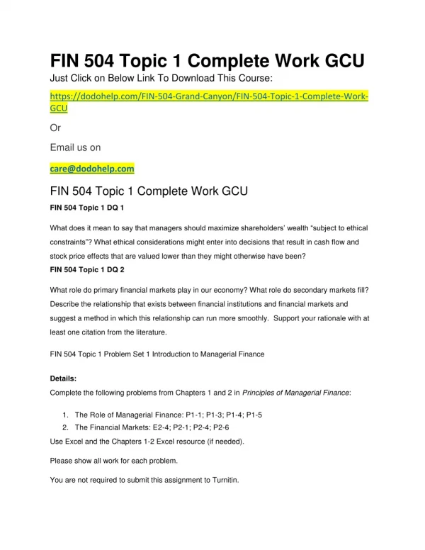 FIN 504 Topic 1 Complete Work GCU