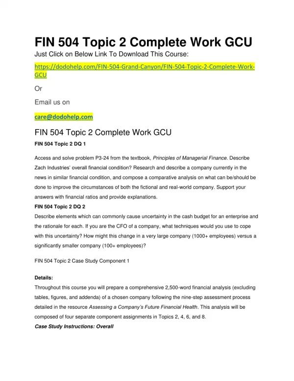 FIN 504 Topic 2 Complete Work GCU