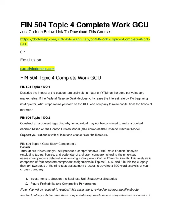 FIN 504 Topic 4 Complete Work GCU
