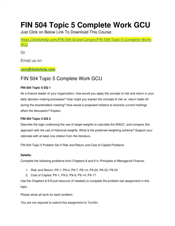 FIN 504 Topic 5 Complete Work GCU
