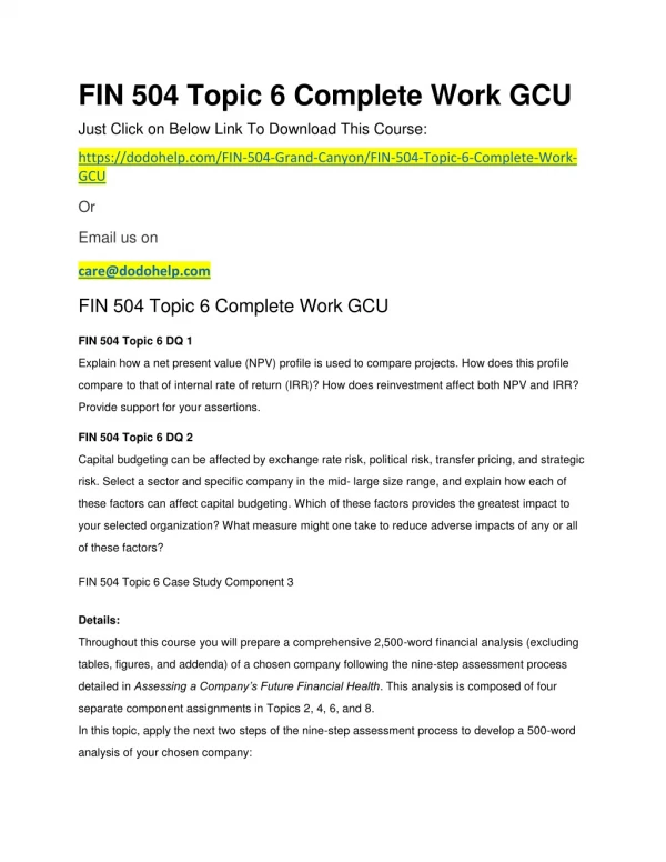 FIN 504 Topic 6 Complete Work GCU