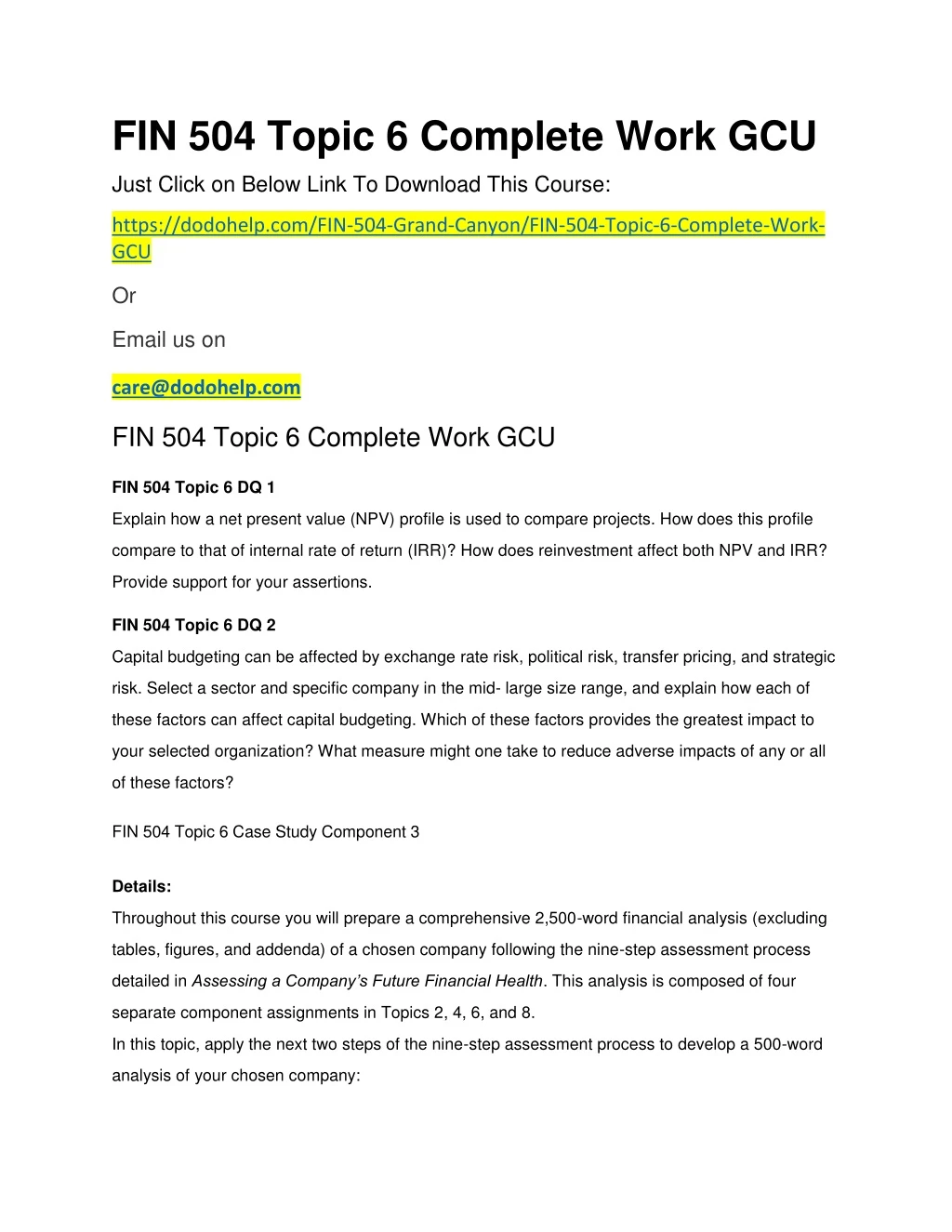 fin 504 topic 6 complete work gcu