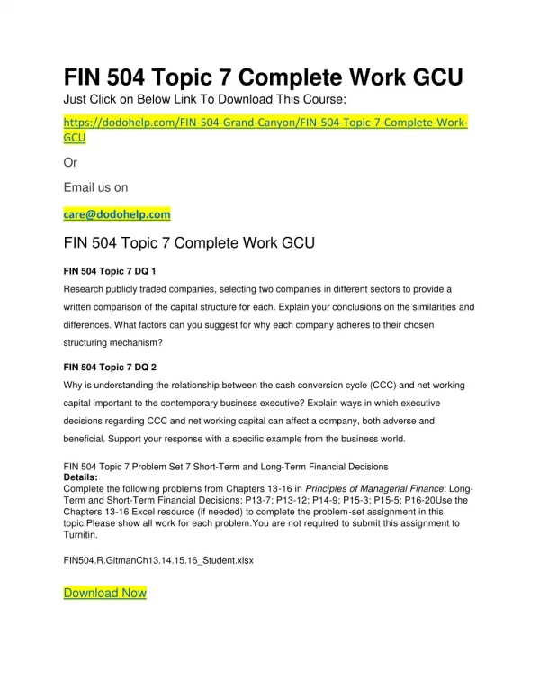 FIN 504 Topic 7 Complete Work GCU