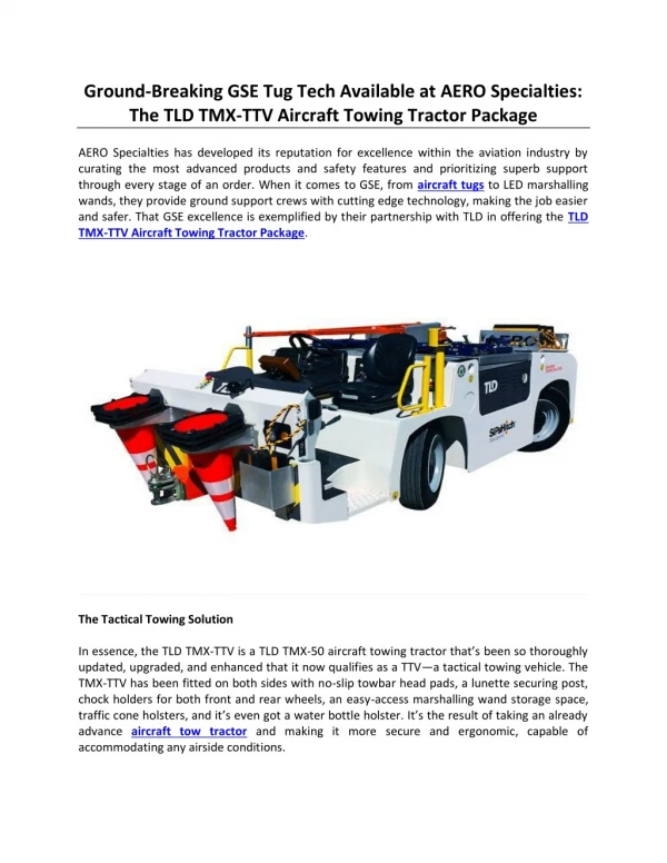Ground-Breaking GSE Tug Tech Available at AERO Specialties: The TLD TMX-TTV Aircraft Towing Tractor Package