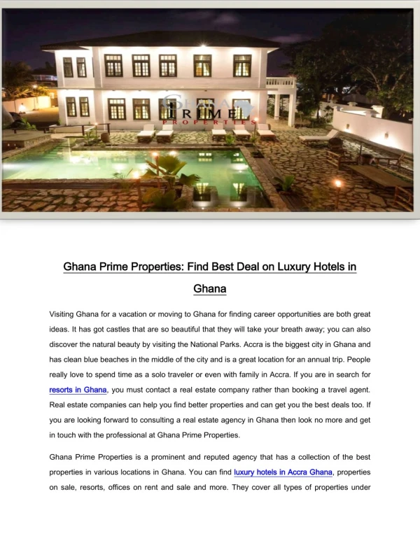 Ghana Prime Properties: Find Best Deal on Luxury Hotels in Ghana