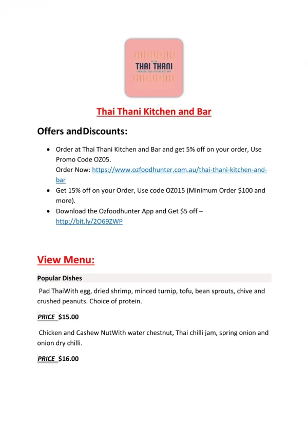 Thai Thani Kitchen and Bar menu - Asian, Thai Restaurant Fitzroy VIC