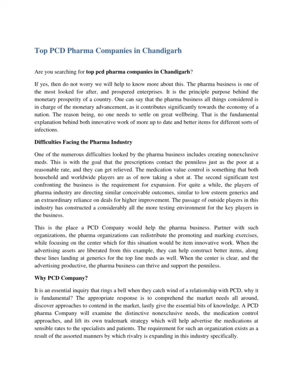 Top PCD Pharma Companies in Chandigarh