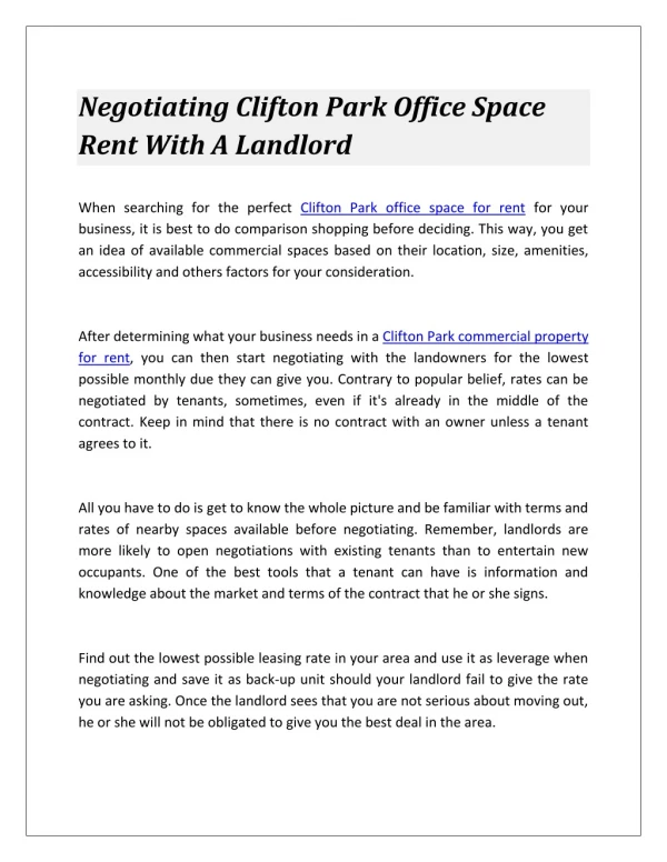 Negotiating Clifton Park Office Space Rent With A Landlord
