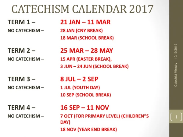CATECHISM CALENDAR 2017