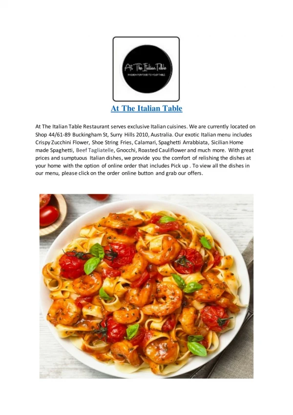 15% Off - At The Italian Table-Surry Hills - Order Food Online