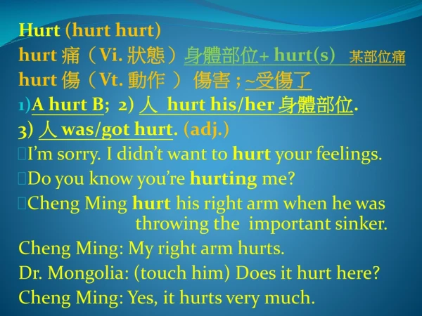 Hurt (hurt hurt) hurt ?? Vi. ??? ???? + hurt(s) ???? hurt ?? Vt. ?? ? ?? ; ~ ???