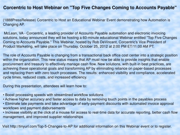 Corcentric to Host Webinar on "Top Five Changes Coming to Ac