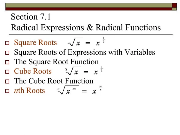Section 7.1 Radical Expressions Radical Functions