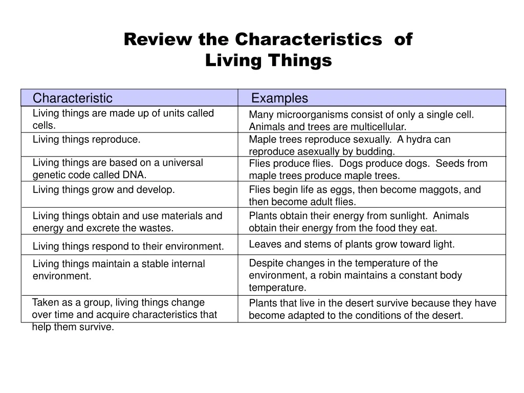 review the characteristics of living things