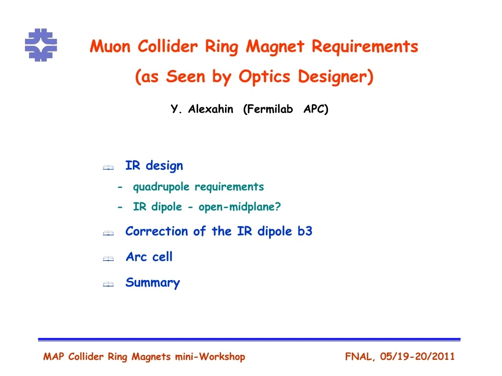 muon collider ring magnet requirements as seen
