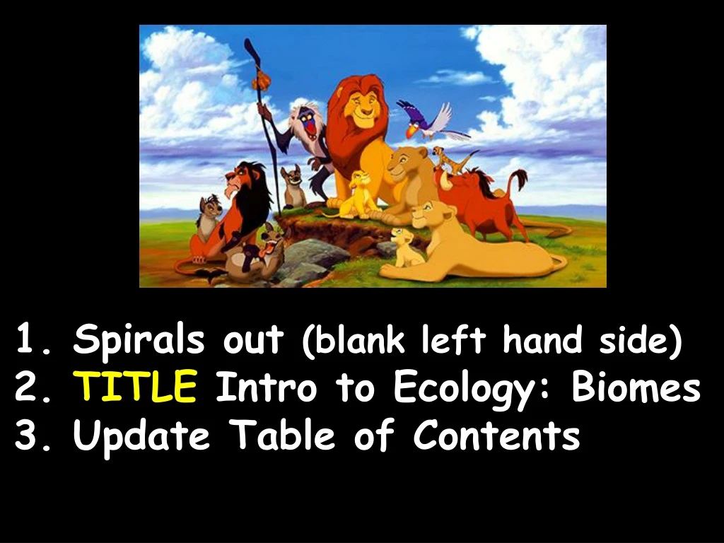 1 spirals out blank left hand side 2 title intro to ecology biomes 3 update table of contents
