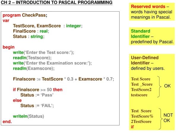 program CheckPass ; var TestScore, ExamScore : integer ; FinalScore : real ; Status : string ;