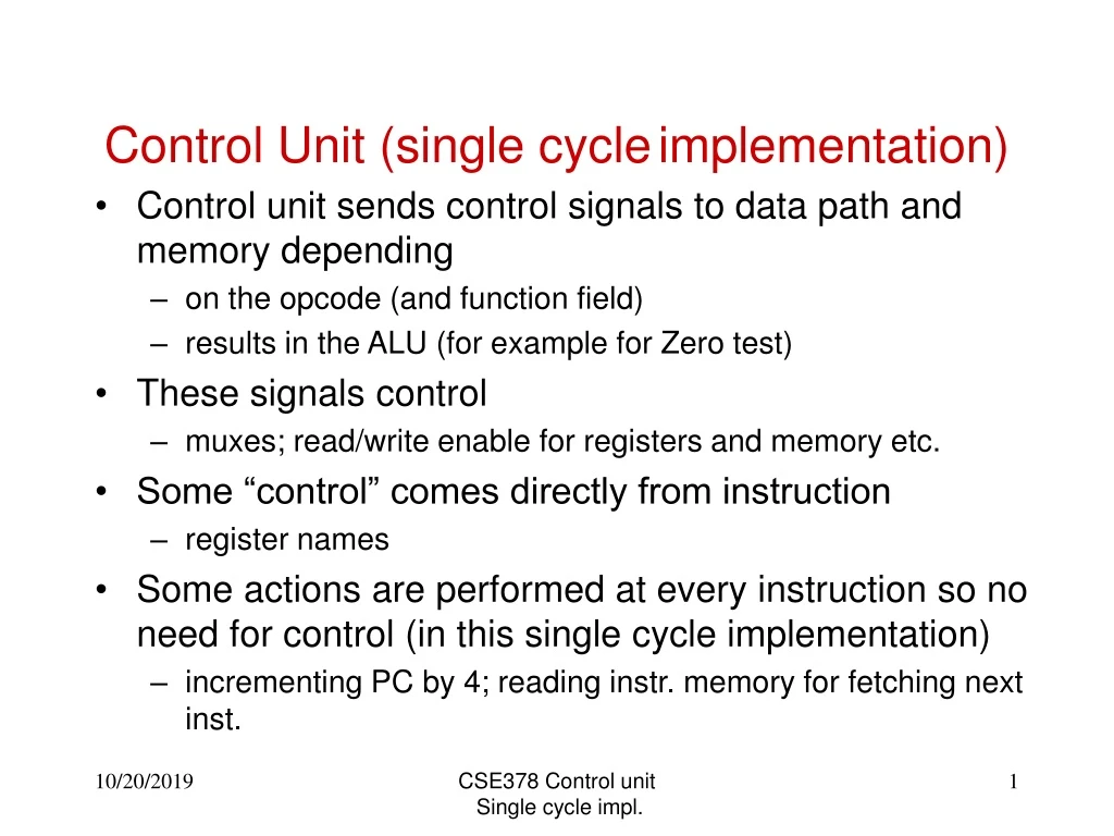 control unit single cycle implementation