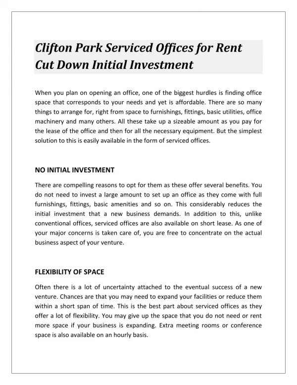 Clifton Park Serviced Offices for Rent Cut Down Initial Investment