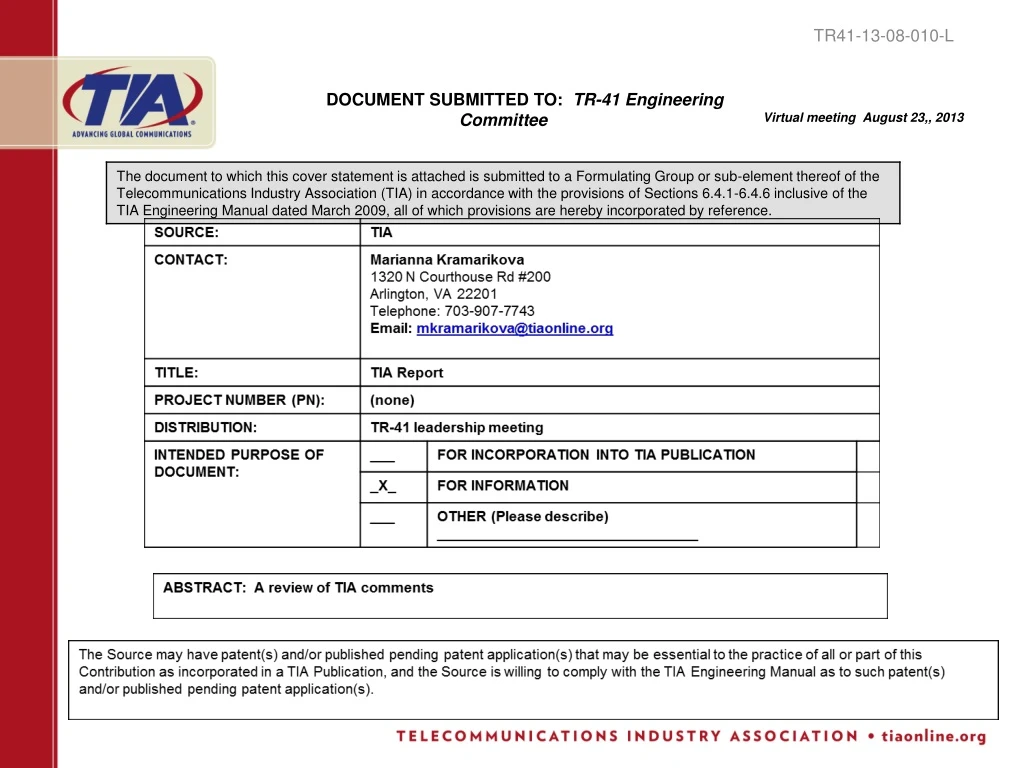 document submitted to tr 41 engineering committee