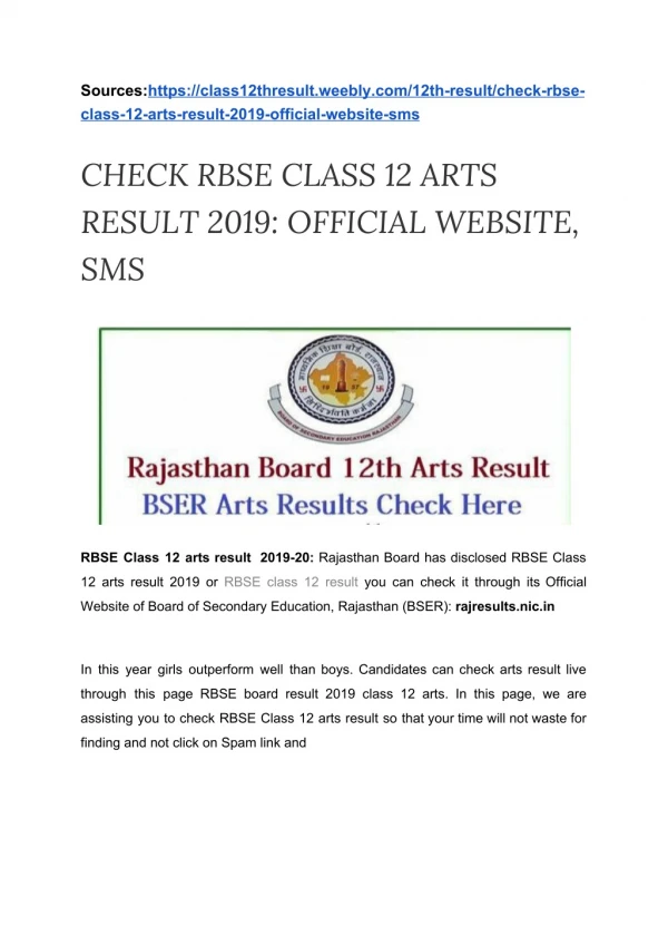Check RBSE class 12 arts result 2019 ;official website, sms