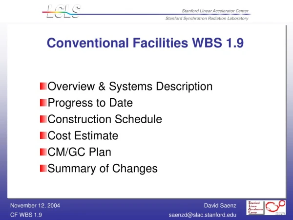Conventional Facilities WBS 1.9
