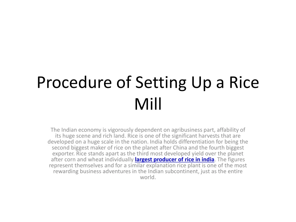procedure of setting up a rice mill