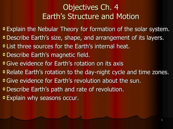 Objectives Ch. 4 Earth’s Structure and Motion