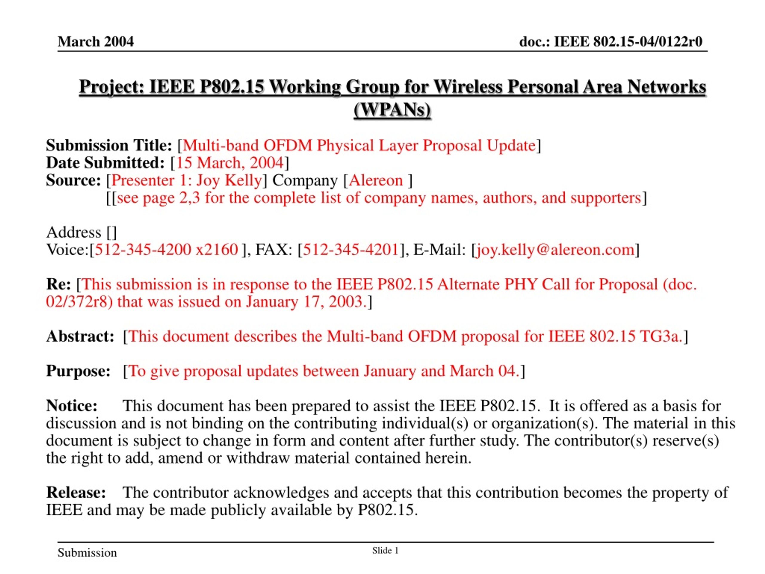 Multi-band OFDM Physical Layer Proposal Update - slide 1