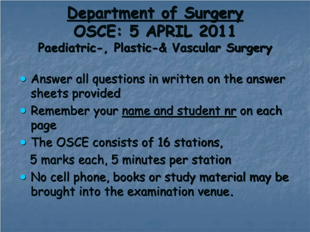 department of surgery osce 5 april 2011 paediatric plastic vascular surgery