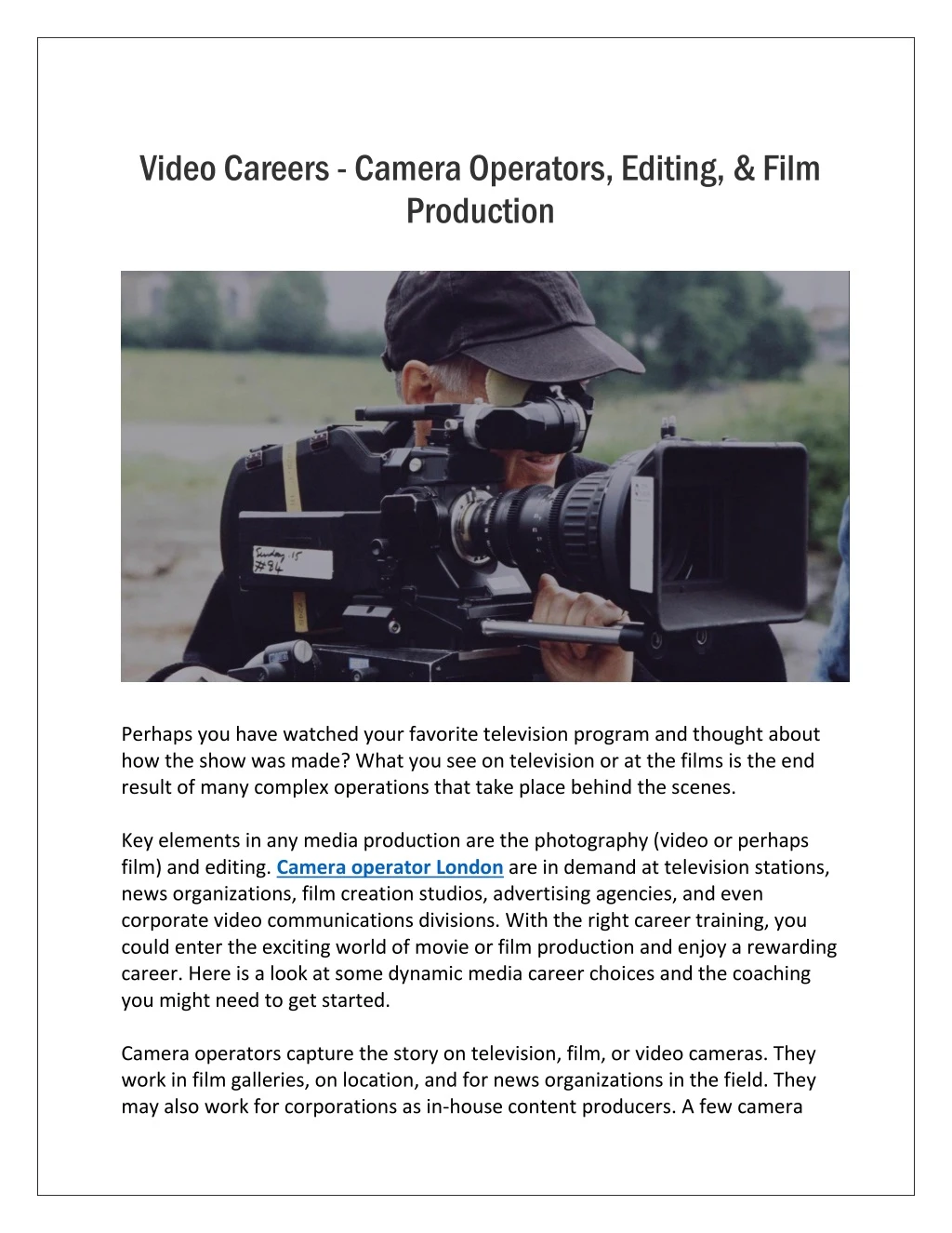 video careers camera operators editing film