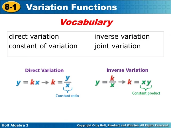 direct variation			inverse variation constant of variation	joint variation