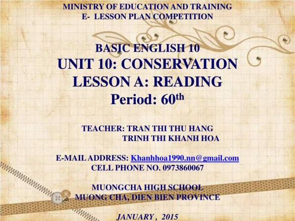 MINISTRY OF EDUCATION AND TRAINING E- LESSON PLAN COMPETITION BASIC ENGLISH 10