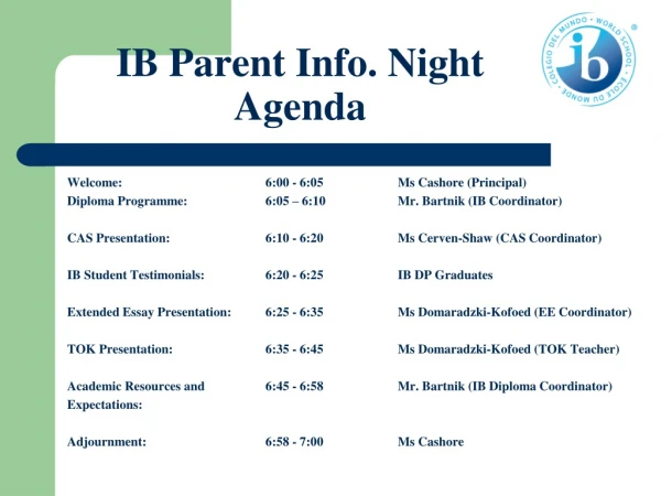IB Parent Info. Night Agenda
