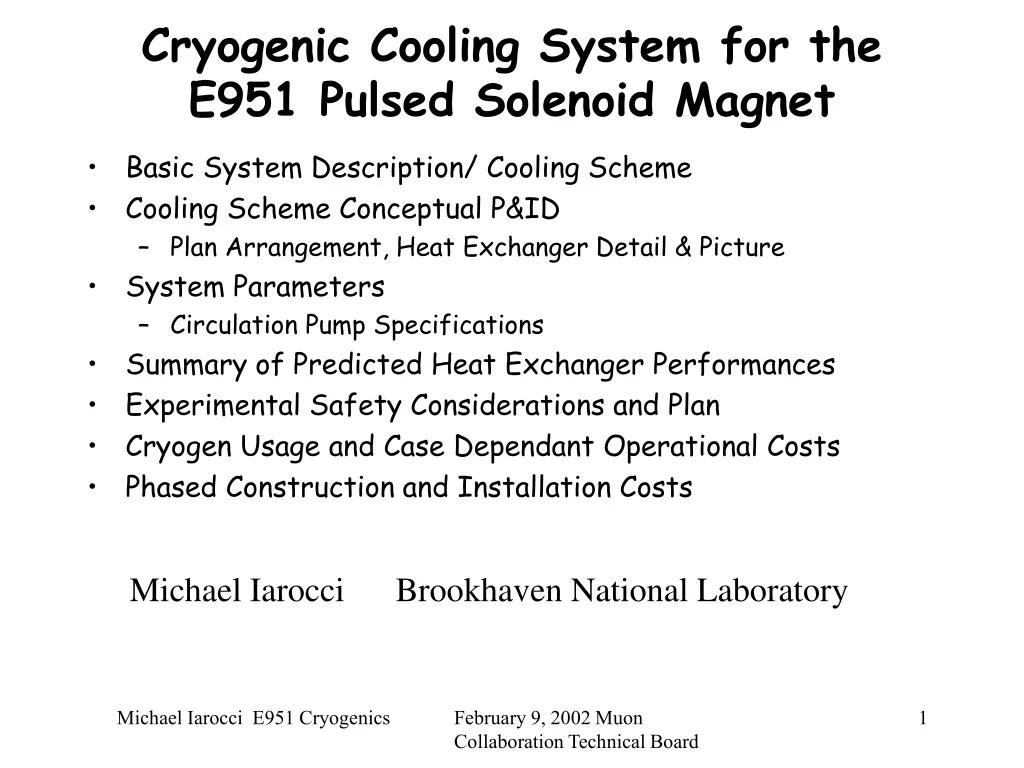 cryogenic cooling system for the e951 pulsed solenoid magnet