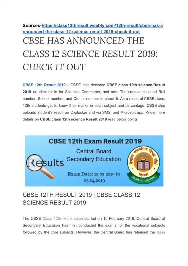 CBSE Declared Class 12 science Result 2019: Check it out