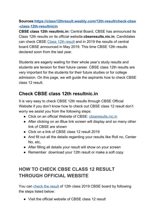 Check cbse class 12th resultnic.in