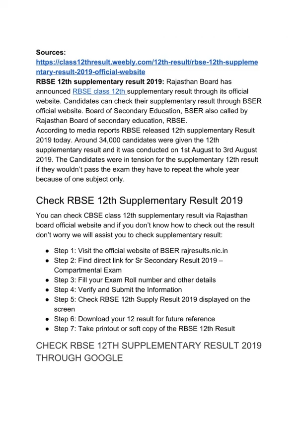 RBSE 12th supplementary result 2019: Official Website