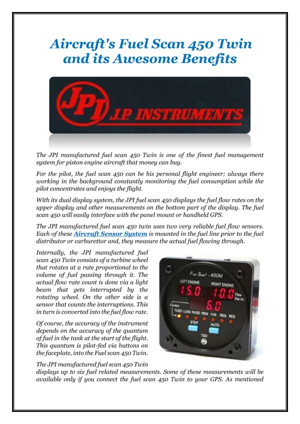 Aircraft's Fuel Scan 450 Twin and its Awesome Benefits