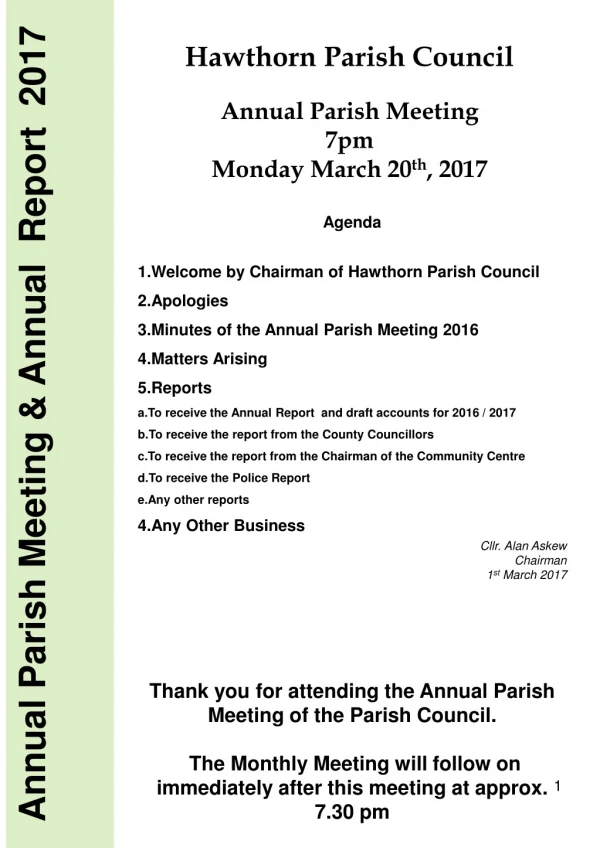 Hawthorn Parish Council Annual Parish Meeting 7pm Monday March 20 th , 2017