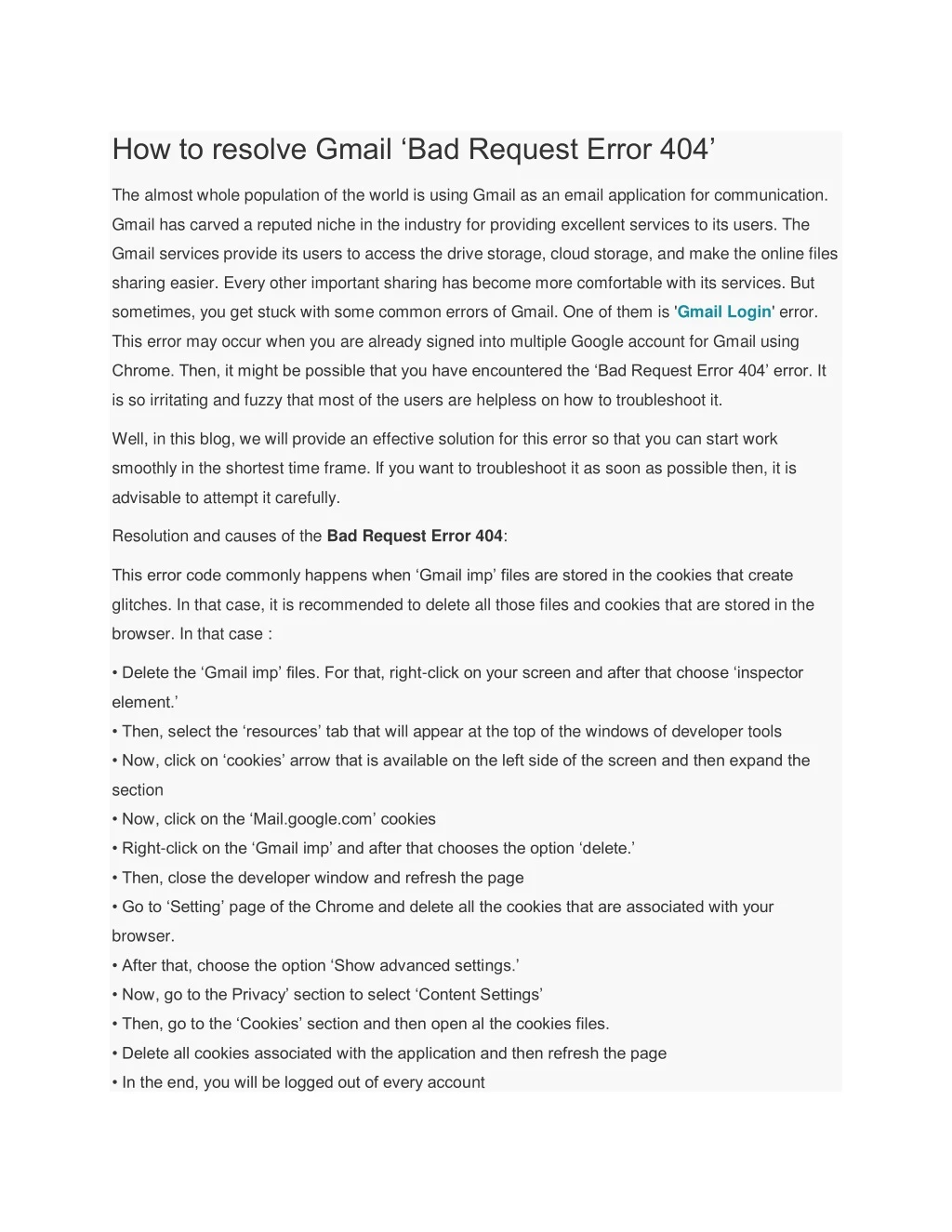 how to resolve gmail bad request error 404