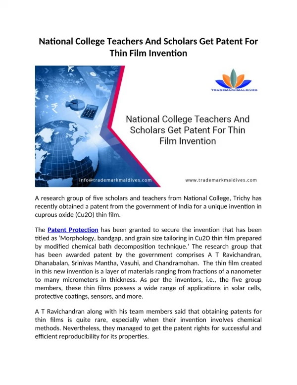 National College Teachers And Scholars Get Patent For Thin Film Invention