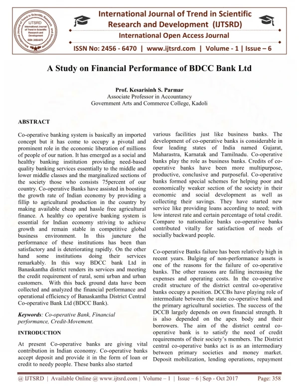 A STUDY ON FINANCIAL PERFORMANCE OF BDCC BANK LTD.