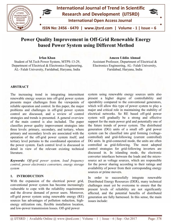 Power Quality Improvement in Off Grid Renewable Energy Based Power System using Different Method